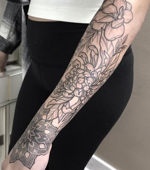 Mandala and Flowers Forearm Half Sleeve Tattoo