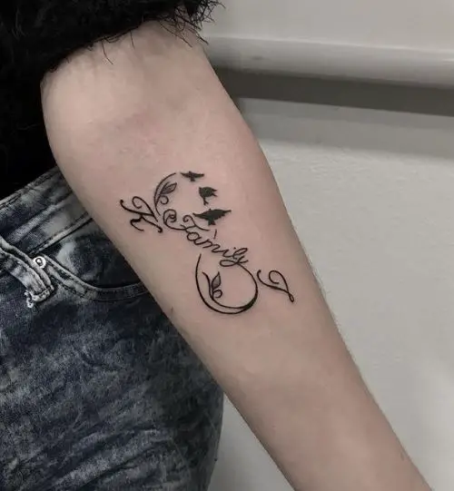 Birds and Infinity with Family Forearm Tattoo
