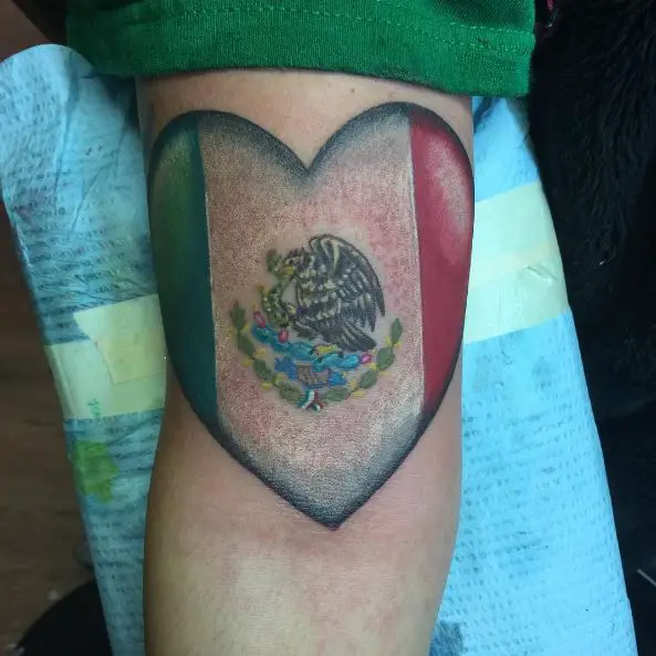 Heart Shaped Mexican Flag Biceps Tattoo