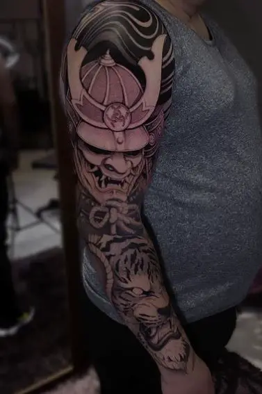 Tiger and Samurai with Mask Arm Sleeve Tattoo