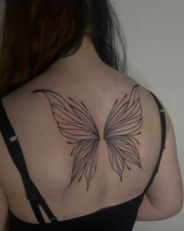 Black and Grey Fairy Wings Back Tattoo