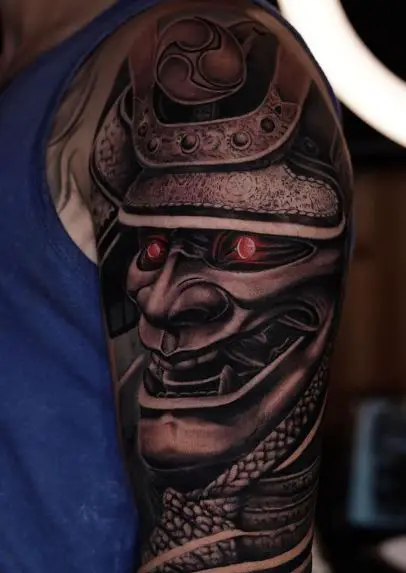 Samurai with Mask and Red Eyes Arm Tattoo