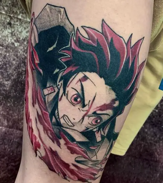 Angry Demon Slayer Tanjiro with Red Eyes Thigh Tattoo