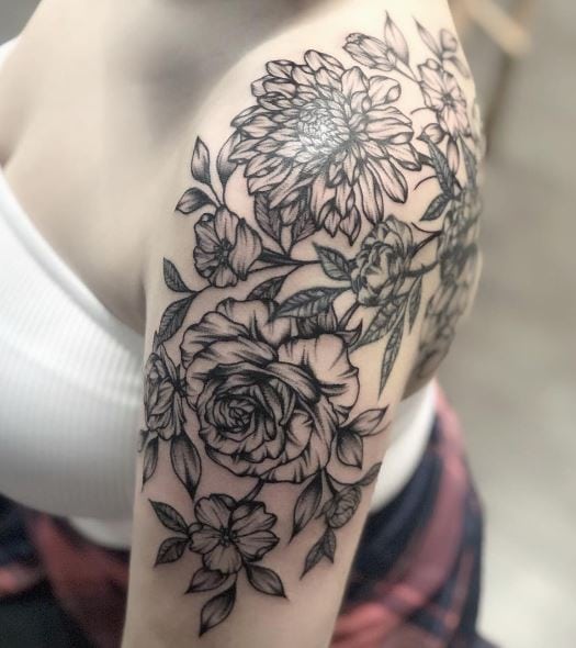 Black and Grey Flowers Arm Half Sleeve Tattoo