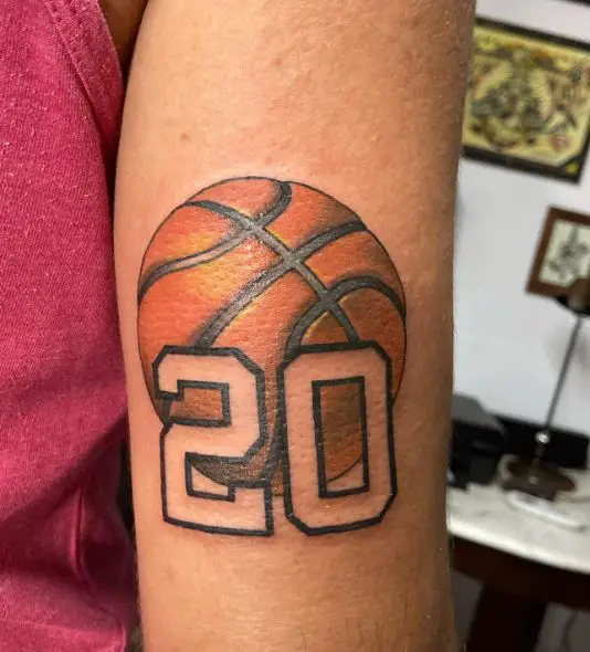 Number 20 and Realistic Basketball Elbow Tattoo