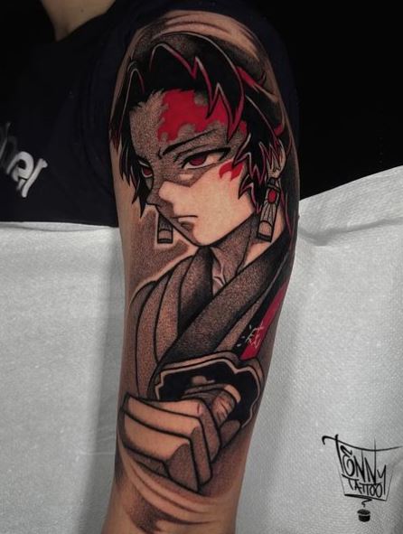 Colored Demon Slayer Tanjiro with Sword Arm Sleeve Tattoo
