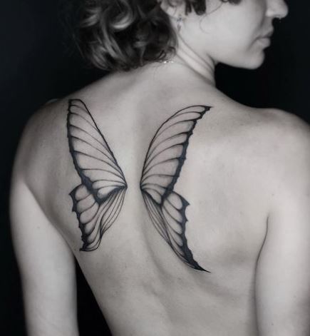 Black Shaded Wings Back Tattoo