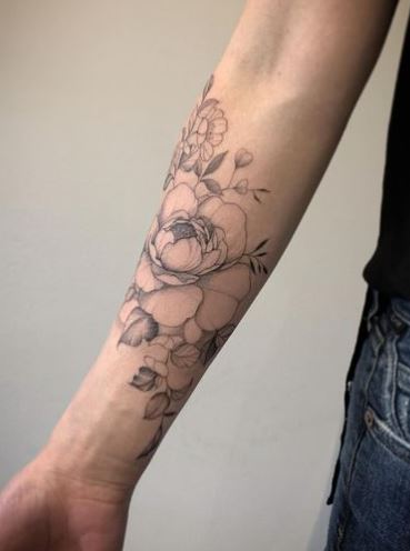Black and Grey Flowers Forearm Sleeve Tattoo