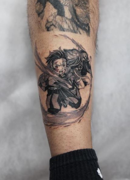 Fighting Demon Slayer Tanjiro Leg Tattoo