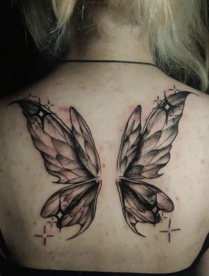 Black and Grey Stars and Fairy Wings Back Tattoo