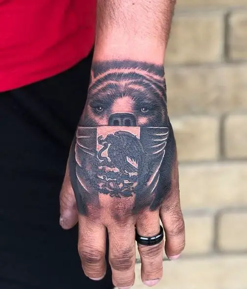 Black and White Mexican Flag and Bear Face Hand Tattoo