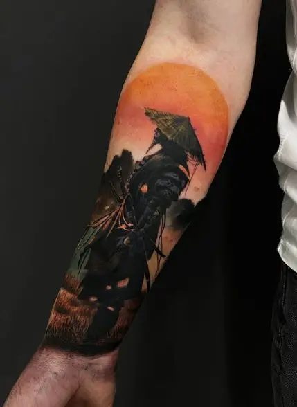 Sunset Landscape and Ronin Forearm Tattoo