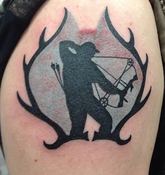 Deer Horns, and Hunter with Hunting Bow Arm Tattoo