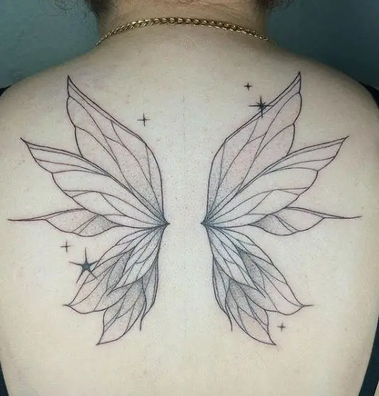 Grey Stars and Fairy Wings Back Tattoo