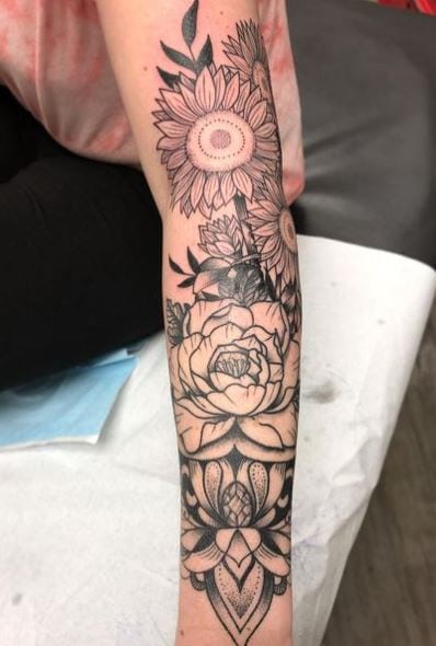 Black and Grey Mandala and Flowers Forearm Tattoo
