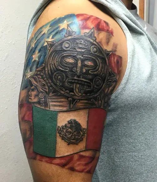 Aztec Sol and Mexican Flag Arm Tattoo