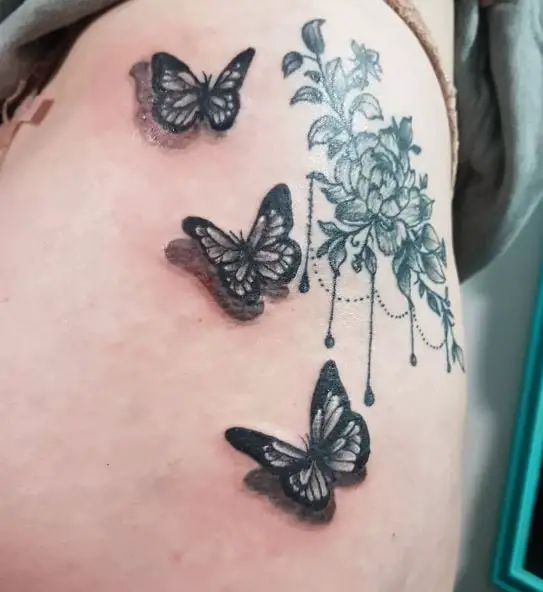 Flowers and Three 3D Butterflies Butt Tattoo