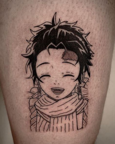 Black and White Smiling Demon Slayer Tanjiro Thigh Tattoo
