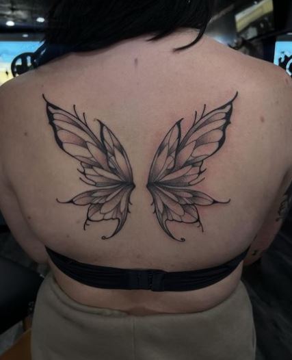 Black and Grey Shaded Fairy Wings Back Tattoo