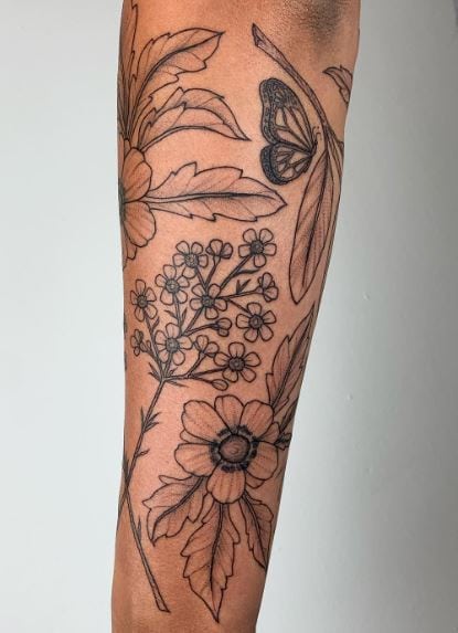 Grey Floral Forearm Sleeve Tattoo