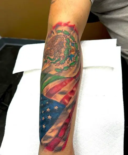 American and Mexican Flag Forearm Tattoo