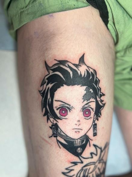 Black and White Demon Slayer Tanjiro with Red Eyes Thigh Tattoo