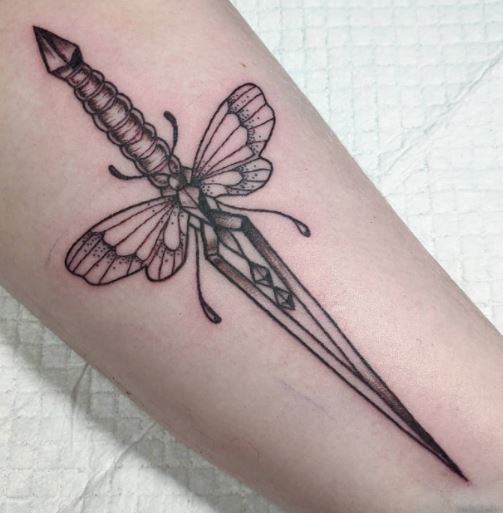 Black and Grey Dagger and Fairy Wings Forearm Tattoo