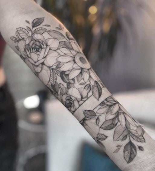 Black and Grey Peony and Rose Forearm Sleeve Tattoo