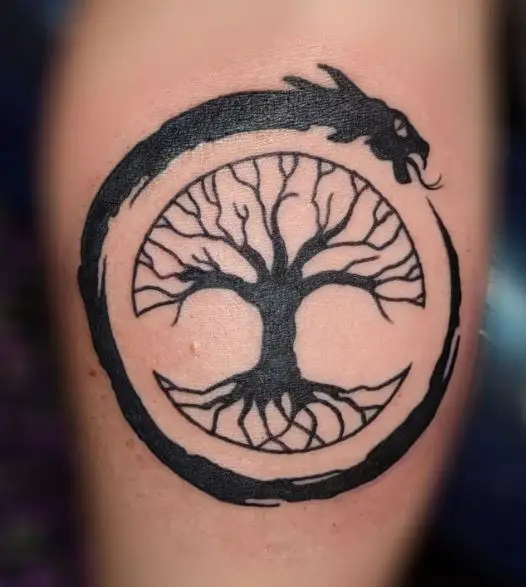 Black Tree of Life and Ouroboros Forearm Tattoo