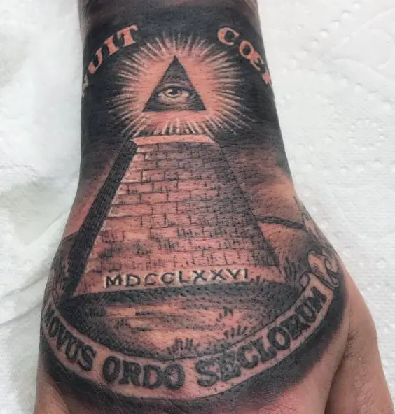 Pyramid and Eye of Providence Hand Tattoo