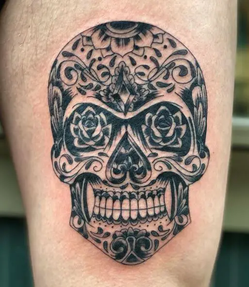 Sugar Skull with Roses Thigh Tattoo