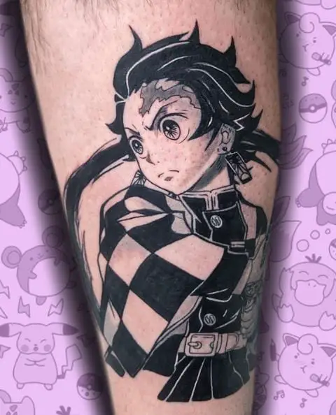 Black and White Demon Slayer Tanjiro Leg Tattoo