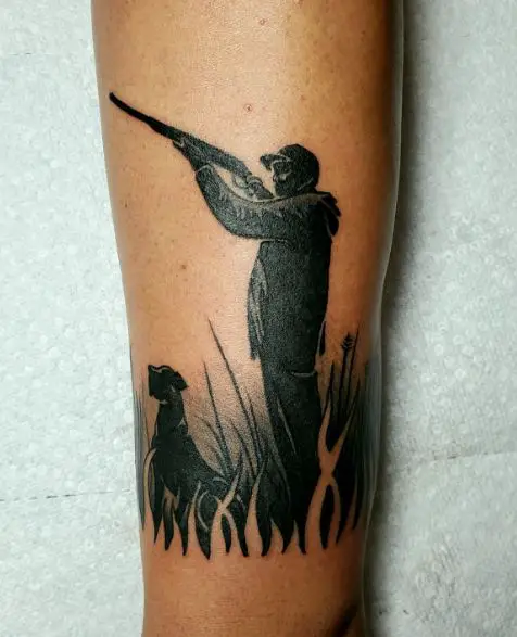Silhouettes of Hunting Dog and Hunter Arm Tattoo