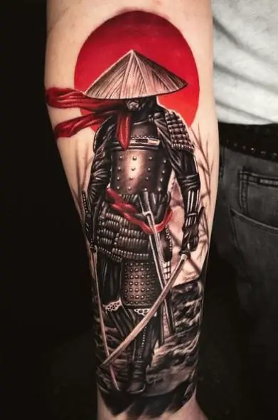 Red Sun and Ronin with Katanas Forearm Tattoo