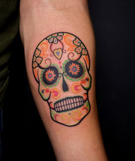 Psychedelic Sugar Skull with Flowers Forearm Tattoo