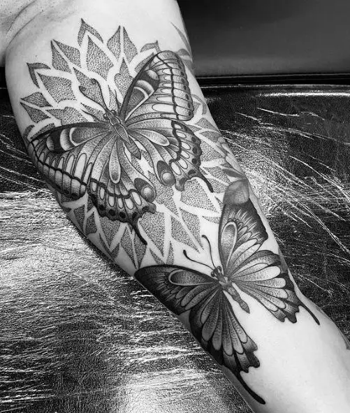 Grey Shaded Mandala and Butterflies Arm Half Sleeve Tattoo