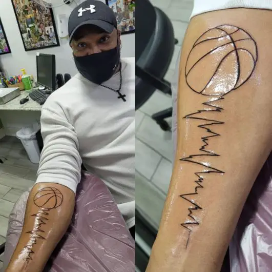 Black and Grey ECG and Basketball Forearm Tattoo