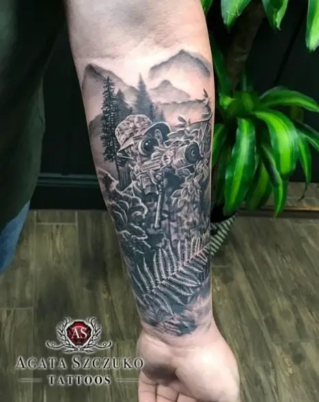 Mountain Landscape and Hunter with Rifle Forearm Tattoo