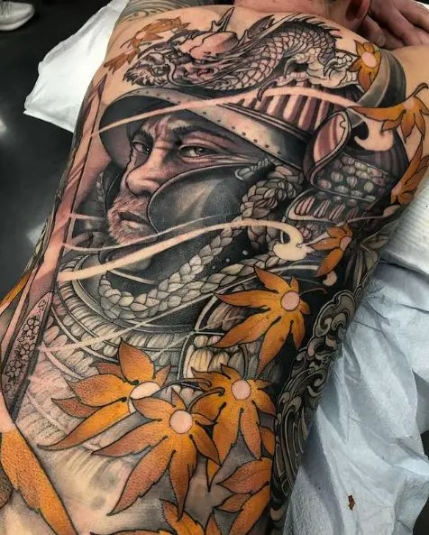 Yellow Leaves and Ronin Back Tattoo