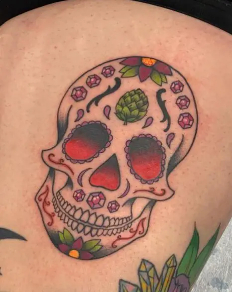 Colored Sugar Skull with Beer Hops Tattoo