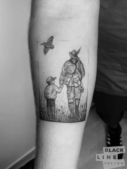 Grey Shaded Bird and Hunter with Child Forearm Tattoo