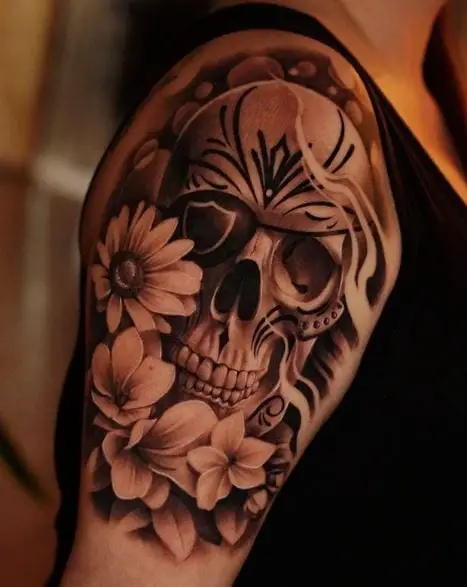 Flowers and Sugar Skull Arm Tattoo