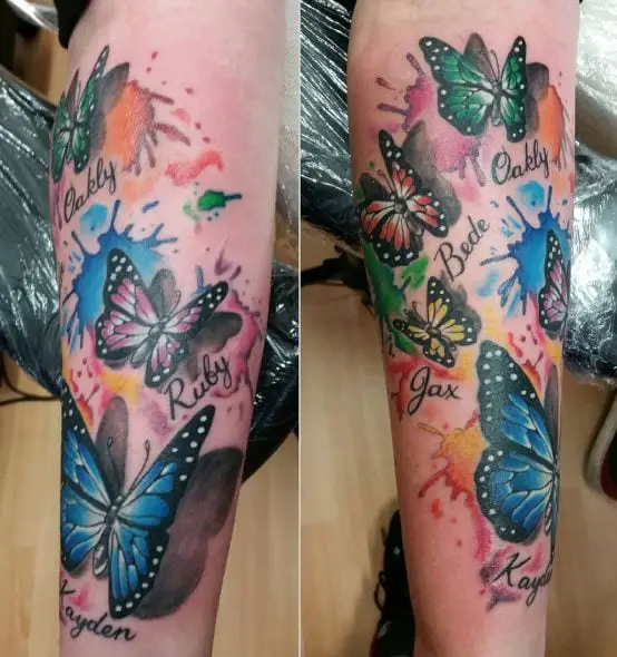 Colorful Butterflies with Script Forearm Sleeve Tattoo