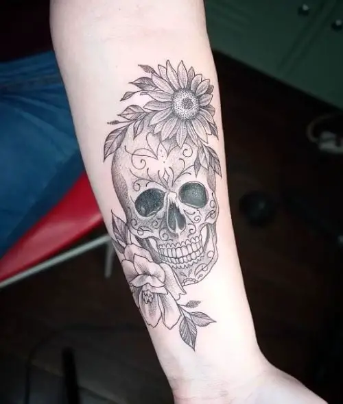 Grey Flowers and Sugar Skull Forearm Tattoo