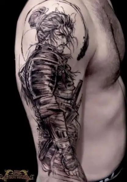Black and Grey Enso Circle and Ronin Arm Tattoo