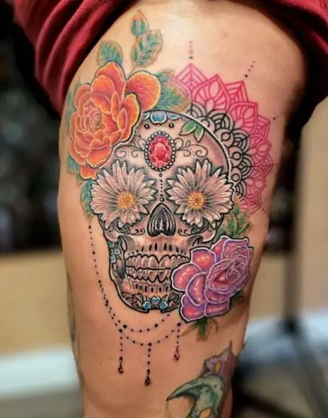 Roses and Sugar Skull with Flowers Leg Tattoo