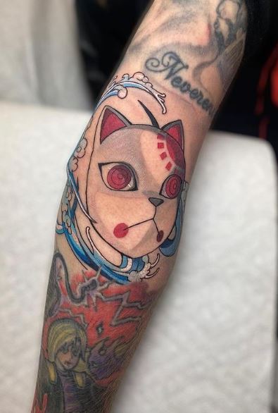 Colored Tanjiro Demon Slayer Mask Elbow Tattoo