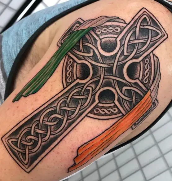 Black and Grey Celtic Cross with Irish Flag Arm Tattoo