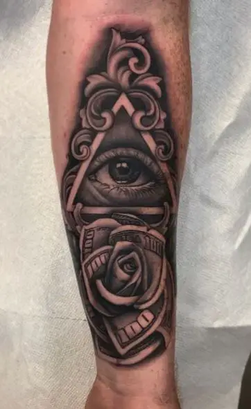 All Seeing Eye with Rose and Dollar Bill Forearm Tattoo