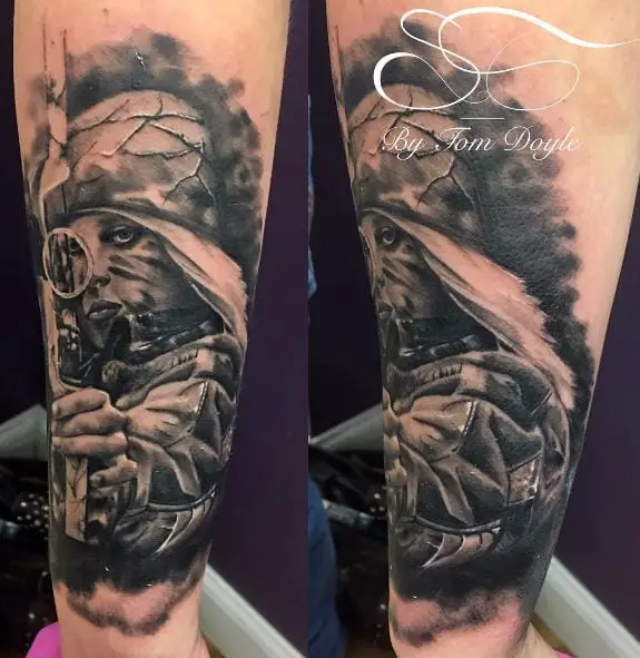 Black and Grey Hunter with Bow and Arrow Forearm Tattoo